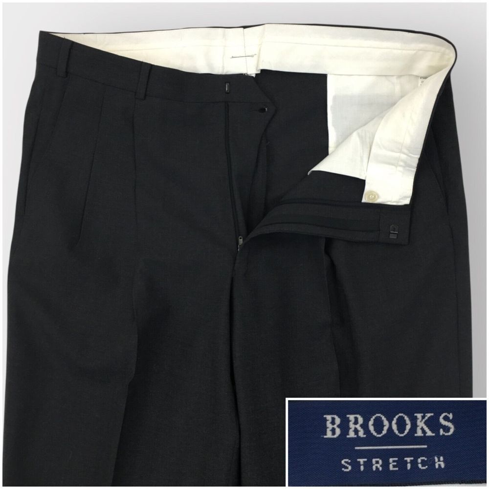 BROOKS BROTHERS Dress Pants Slacks Mens Size 36R Wool Stretch Solid Gray Pleated